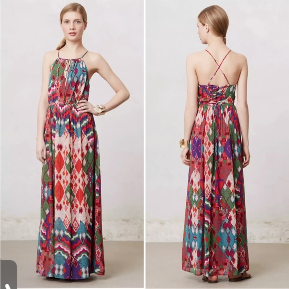 Anthropologie Maeve Tarana Maxi Dress 4 Multi Color Mixed Print Boho - Picture 3 of 5